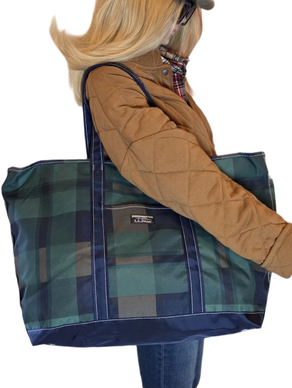 L.L. Bean Everyday Lightweight Large Plaid Tote Bag Green Tartan Blue